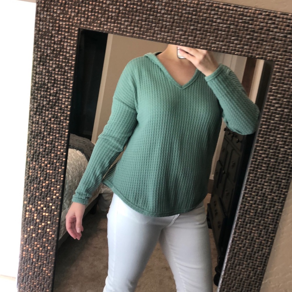 Sage green waffle knit hoodie top